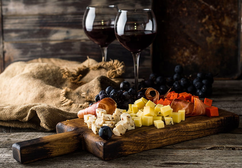 Still Life Food Grapes Wine Cheese Cutting Board Wooden Surface Drinking Glass - Resolution: HD wallpaper