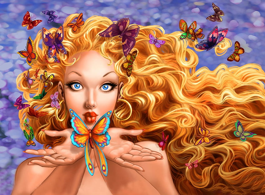 CHERIE......(Monarch), blau, blond, Schmetterling, Augen, schön, Mädchen, bunt HD-Hintergrundbild