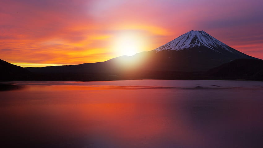 Mount Fuji at Sunrise, japanese, scenery, japan, fuji, lake, sunset, mountain HD wallpaper