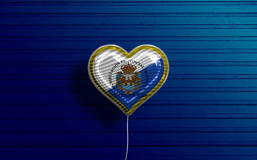 I Love Pontevedra, , realistic balloons, blue wooden background, Day of Pontevedra, spanish provinces, flag of Pontevedra, Spain, balloon with flag, Provinces of Spain, Pontevedra flag, Pontevedra HD wallpaper