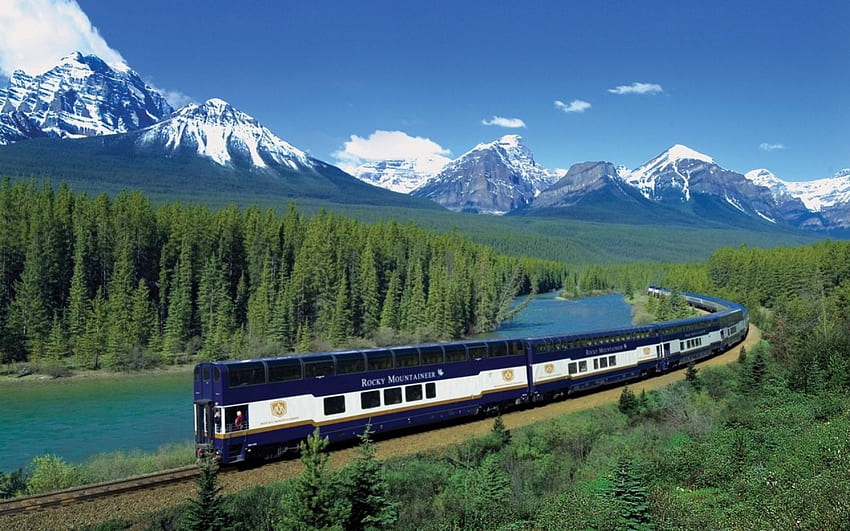 влак, преминаващ през канадските скали, дървета, влак, природа, планини HD тапет