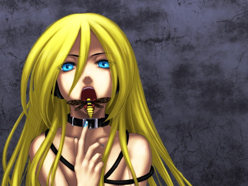 Lily's Horror, blue, lick, blonde, eyes, vocaloid, lily, bees, bee, yellow, hornet, tongue HD wallpaper