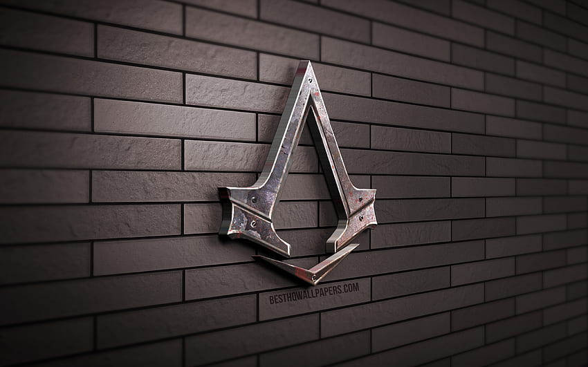 Logotipo de Assassins Creed 3D, pared de ladrillo gris, creativo, acción y aventura, logotipo de Assassins Creed, arte en 3D, Assassins Creed fondo de pantalla