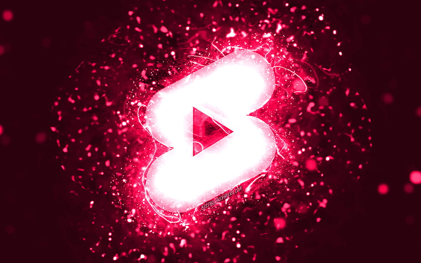 Logo Youtube shorts pink, , lampu neon pink, kreatif, latar belakang abstrak pink, logo Youtube shorts, jejaring sosial, celana pendek Youtube Wallpaper HD