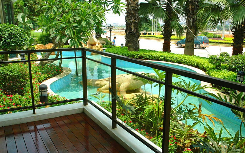 Balcony, view, pool, road HD wallpaper