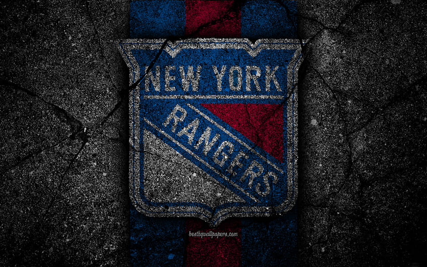 New York Rangers, logo, klub hoki, NHL, batu hitam, Wilayah Timur, AS, NY Rangers, Tekstur aspal, hoki, Divisi Metropolitan untuk resolusi . Kualitas tinggi Wallpaper HD