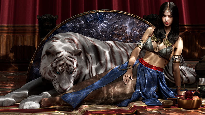 Princess and her white tiger, blue, white, fantasy, econnnt, tiger, art, girl, odalisque, tigru HD wallpaper