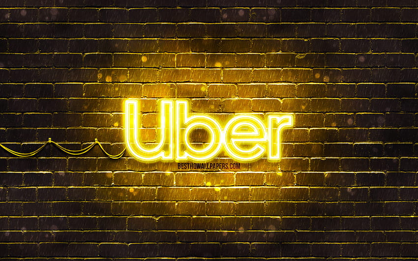Uber yellow logo, , yellow brickwall, Uber logo, brands, Uber neon logo, Uber HD wallpaper