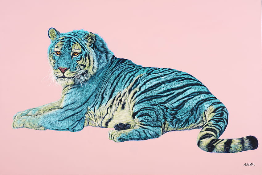 Star Tiger Designer Wallpaper in Neon Neon Pink on Metallic Silver  Mylar For Sale at 1stDibs