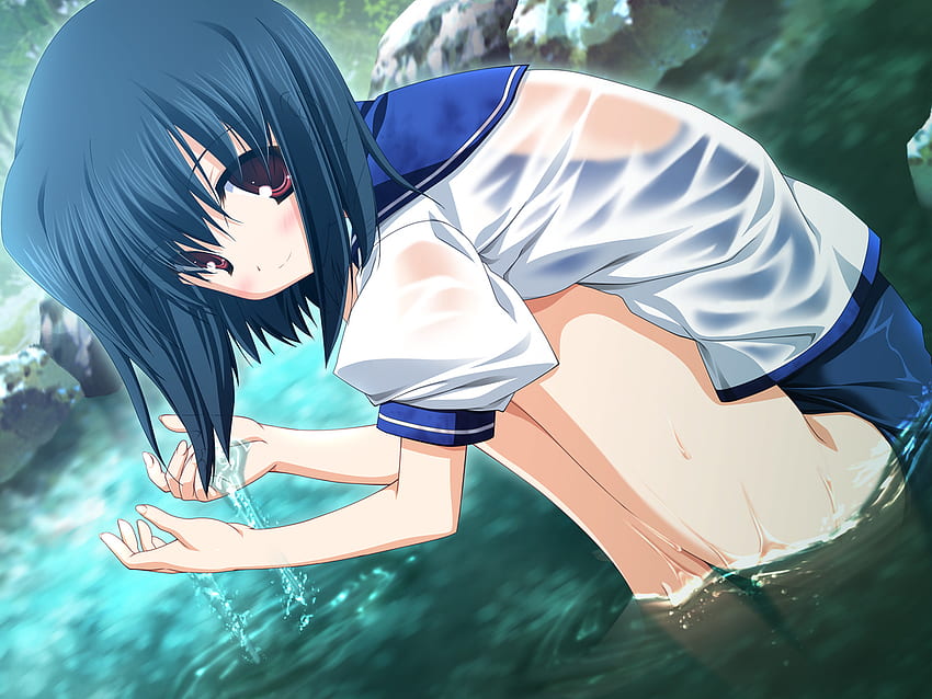 Anime girl, seethrough, wet, school swimswuit, water, rocks HD wallpaper