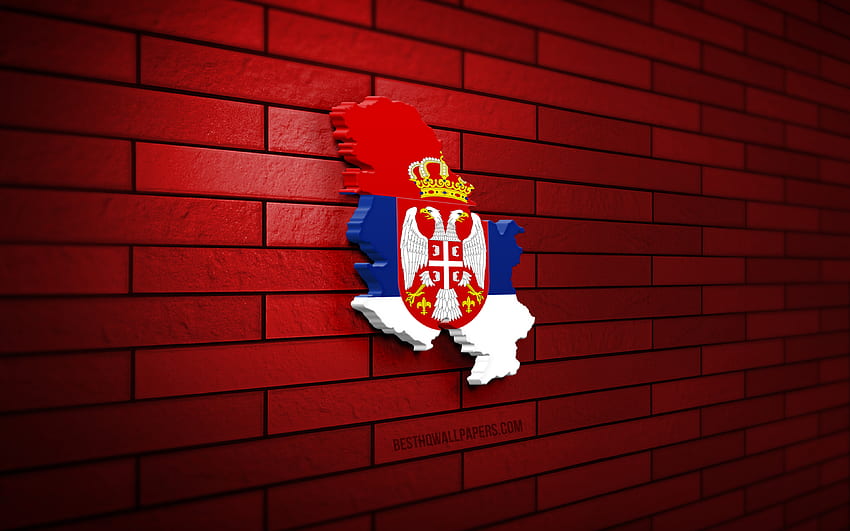 Serbien-Karte, rote Ziegelwand, europäische Länder, serbische Kartensilhouette, serbische Flagge, Europa, serbische Karte, serbische Flagge, Serbien, Flagge Serbiens, serbische 3D-Karte HD-Hintergrundbild