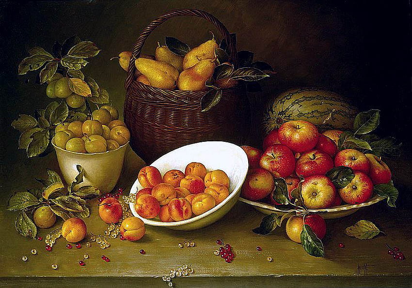 JOSE ESCOFET -- RUSTIC PEARS APPLES PLUMS APRICOTS, painting, art, fruit, apple, apricot, jose escofet, food HD wallpaper