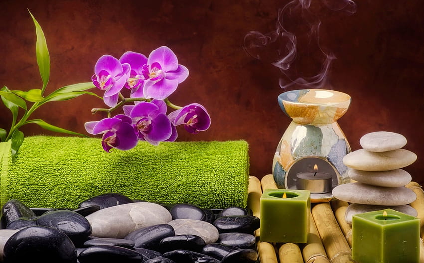 Spa still life, still life, candle, beautiful, spa, flowers, relax, stones, orchids HD wallpaper