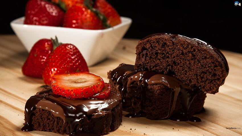 Chocolate Brownie with Strawberries HD wallpaper