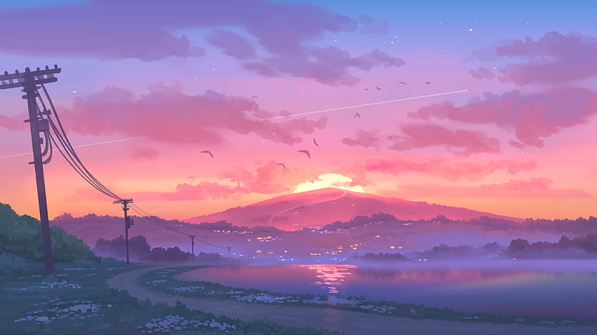 artwork, nature, lake, sunset, digital art , Sunset Digital HD wallpaper