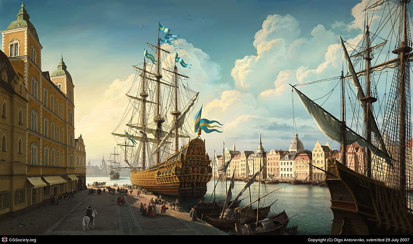 Sailing-ship, port, ship, town, sunset HD wallpaper