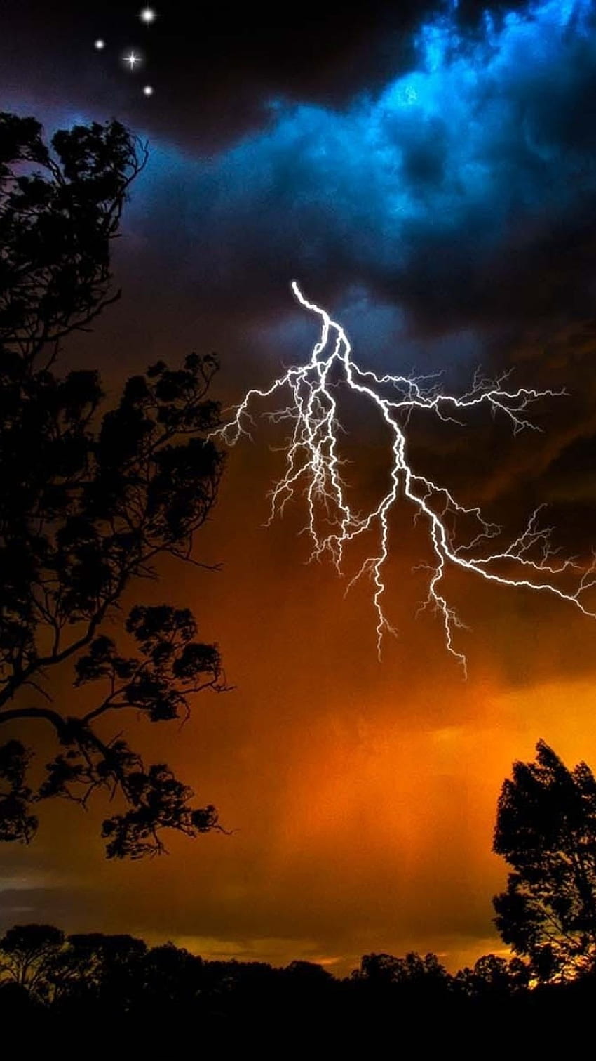 lightning, sky, trees, outlines, stars, bad weather, night, orange, birds. Lightning sky, Nature, Beautiful nature HD phone wallpaper