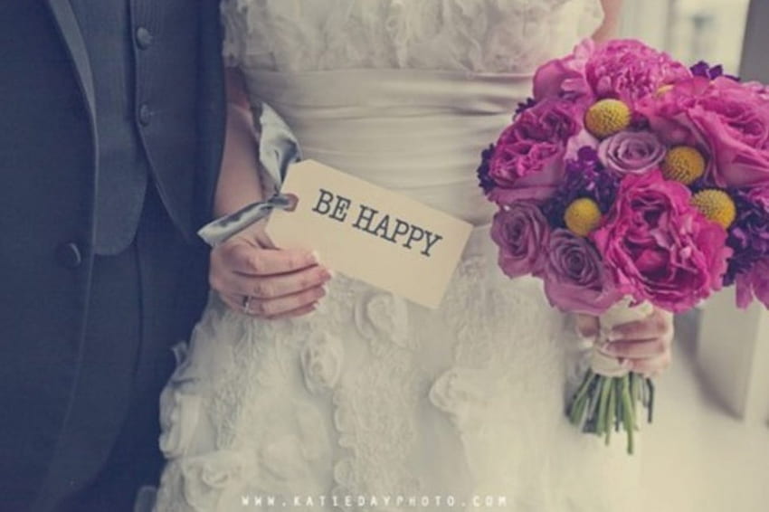 *Be happy*, purple, bouquet, wedding, be happy, special day, flowers, bride HD wallpaper