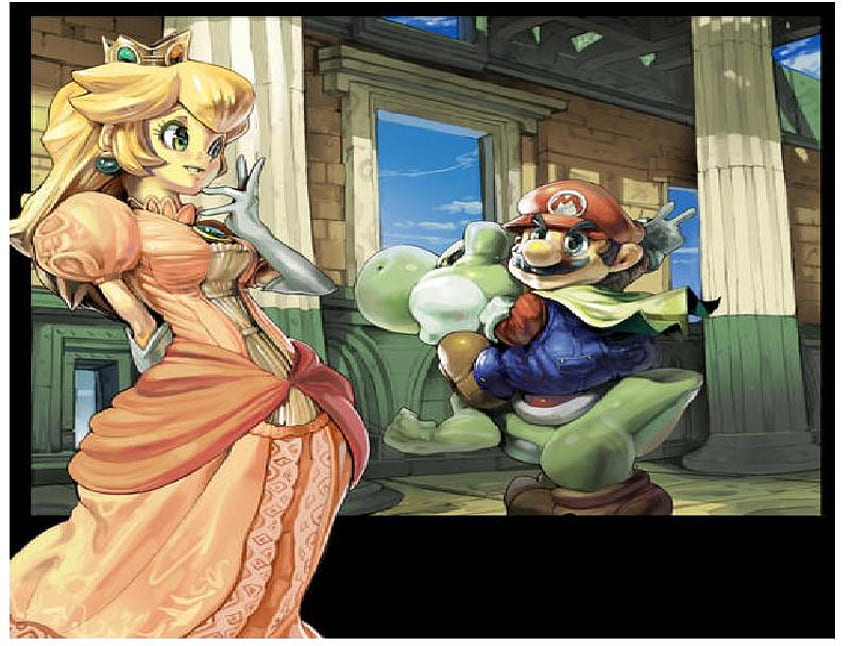 Persik,Yoshi,Dan Mario-Berangkat untuk menyelamatkan Kerajaan Jamur!, merah muda, persik, yoshi, kuning, jubah, hijau, mario, video game Wallpaper HD