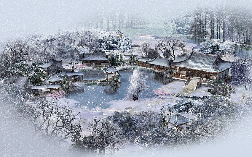 冬, 自然, 家, 雪, 池, 中国, 上から, 幼稚園, デイケア, 小さな家 高画質の壁紙