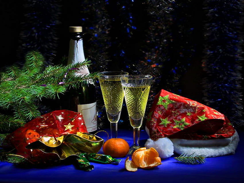 es año nuevo, champán, decoración, vítores, copas, frutas, año nuevo, vino fondo de pantalla