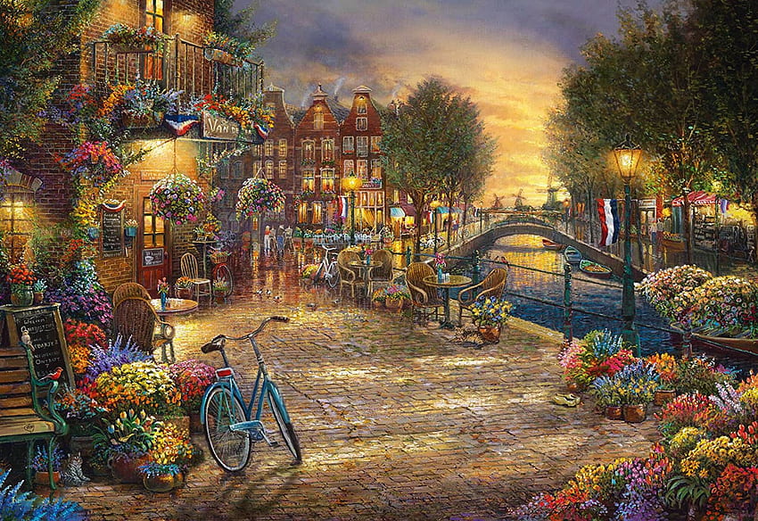 Amsterdam Café, artwork, canal, bicycle, bridge, flowers, houses, sunset, evening, painting HD wallpaper