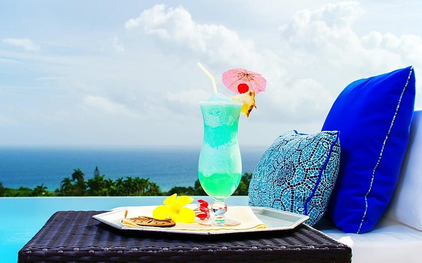 *Ice Cool Drink*, relaxing, blue, umbrella, tropical, relaxation, relax, chill, beach, refreshing, glass, beverages, pillows, beverage, sunshine, sweet, cold, comfort, aqua, drinks, fresh, liquid, cocktail, cool, clouds, sky, ice, drink HD wallpaper