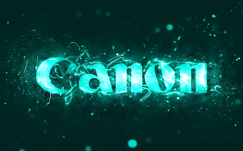 Canon turquoise logo, , turquoise neon lights, creative, turquoise abstract background, Canon logo, brands, Canon HD wallpaper