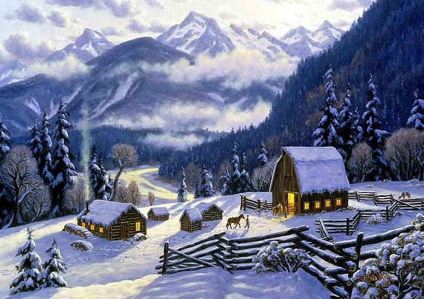 Blue winter scenary, winter, painting, art, snow, house, fence, mountain HD wallpaper