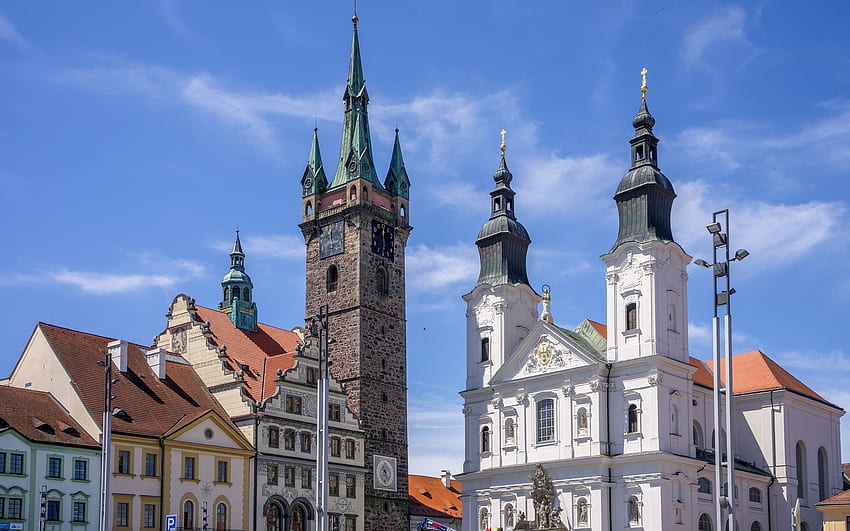 Klatovy, Bohemia, Czechia, gereja, kota tua, Czechia, menara, rumah Wallpaper HD