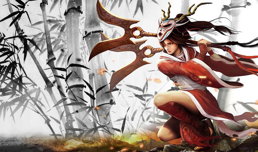 Akali, games, mask, bamboo, long hair, weapons, lone, league of legends, video games, brown hair, female HD wallpaper