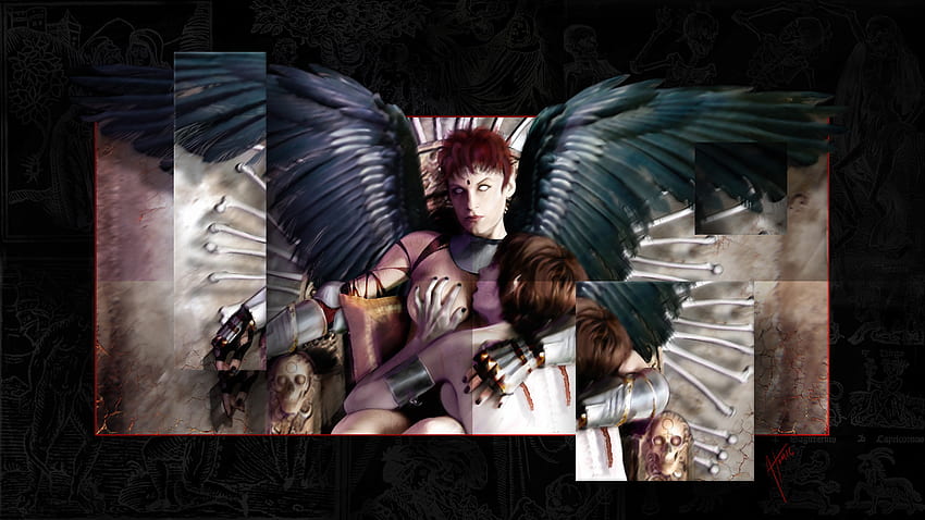 Engel, bone chair, wings, skull, slave, angel, fantasy art HD wallpaper