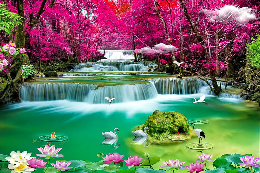 Air terjun di Negeri Ajaib, sungai kecil, seni, firdaus, cantik, angsa, fantasi, kaskade, air terjun, pohon, bunga, Sihir, terpesona, lili, hutan Wallpaper HD