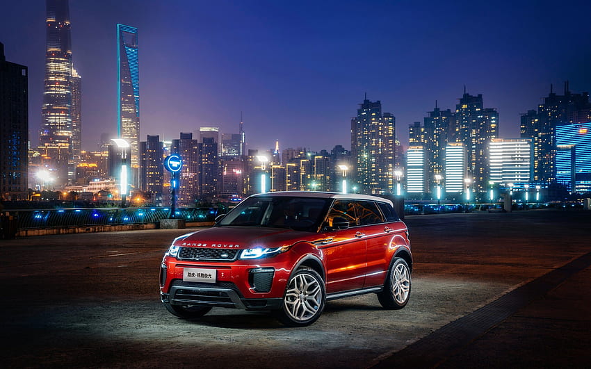 Land Rover Range Rover Evoque SUV rojo en la noche de la ciudad, Land Rover Evoque fondo de pantalla