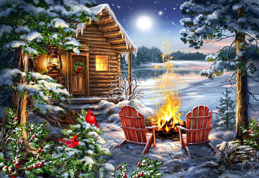 May your Christmas be warm and bright, painting, moon, snow, trees, campfire, cabin, winter, birds, chairs, cardinals HD wallpaper
