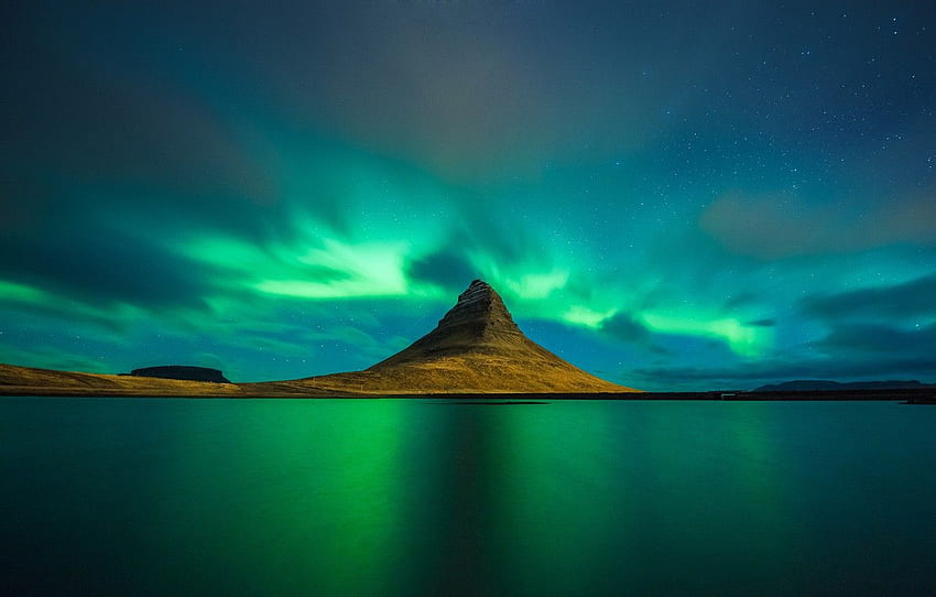 reflection, Northern lights, reflection, Iceland, Kirkjufell, aurora borealis, slande for , section пейзажи HD wallpaper