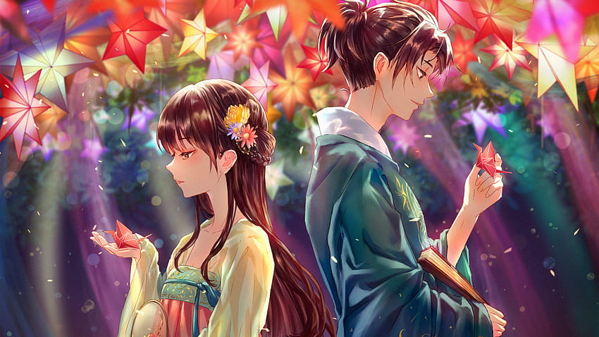 Pareja de anime de pie en el de flores de colores Anime fondo de pantalla