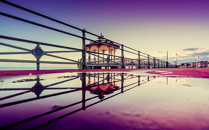 beautiful gazebo on the waterfront, sea, rails, puddles, city, waterfront HD wallpaper