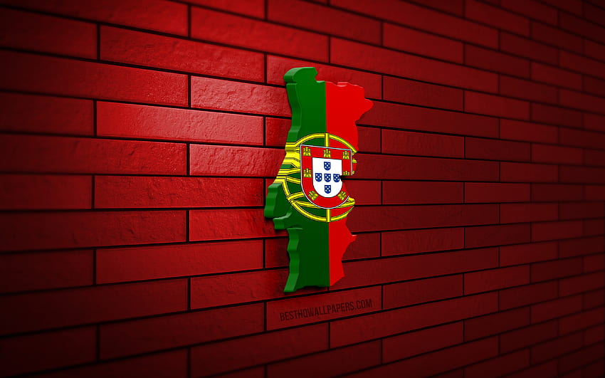 Portugal map, , red brickwall, European countries, Portugal map silhouette, Portugal flag, Europe, Portuguese map, Portuguese flag, Portugal, flag of Portugal, Portuguese 3D map HD wallpaper