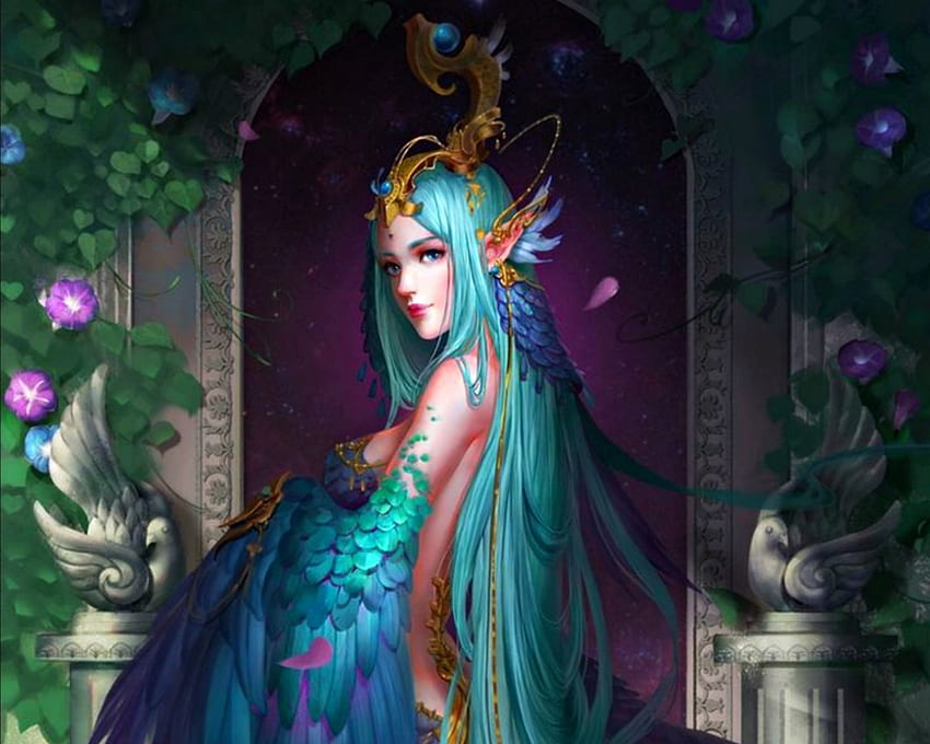 Angel, blue, wings, elf, beauty, woman, feather, fantasy, green, sina HD wallpaper