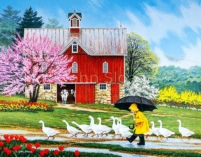 Puddle Jumpers, painting, house, blooming, trees, girl, spring, geese, umbrella, tulips, flowers HD wallpaper