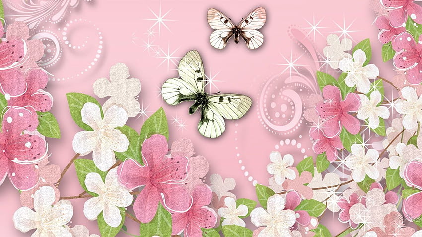 花: ピンク 白 花 蝶 花 咲く 夏, 蝶 高画質の壁紙