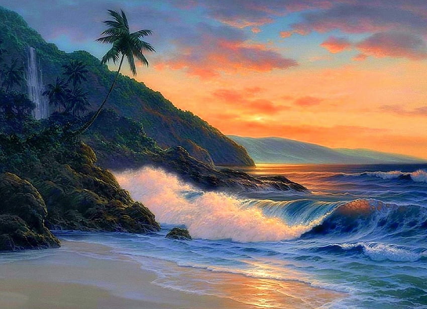 Exquisite Ocean, mar, oceanos, praias, atrações nos sonhos, paraíso, cores, pinturas, linda, verão, amor quatro estações, ondas, nuvens, natureza, céu, palmeiras papel de parede HD