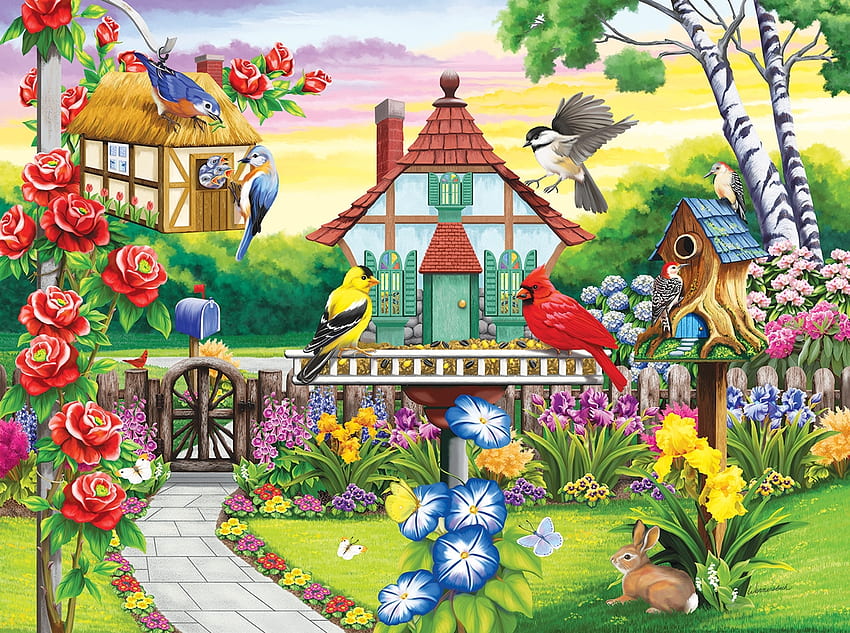 Cardinals Welcome, bird, yellow, finch, flowers, welcome, cardinals, feeders, home HD wallpaper