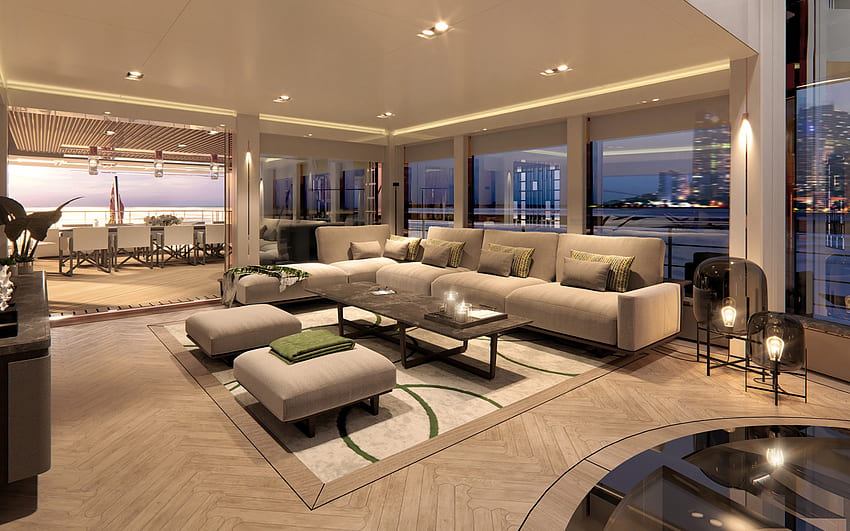 luksusowe wnętrze jachtu, salon, wnętrze jachtu, stylowy wystrój wnętrz, luksusowy jacht, pomysł na salon Tapeta HD