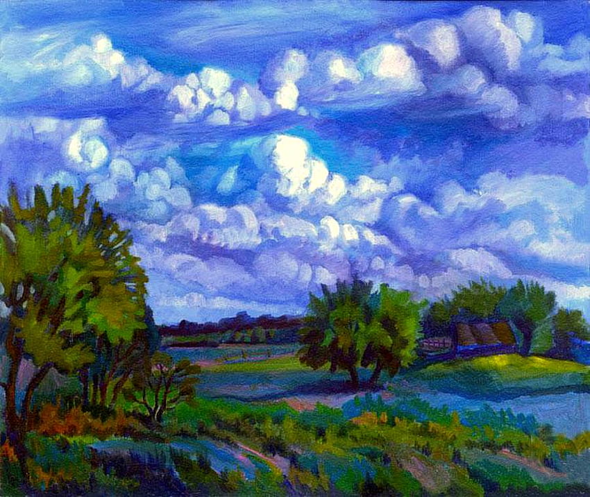 N. Piatakov. après la pluie, rivière, La peinture, art, N pyatakov, ciel, arbre Fond d'écran HD