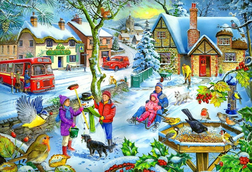 Winter morning, winter, colorful, birds, morning, fun, art, houses, holiday, snow, christmas, joy, village HD wallpaper