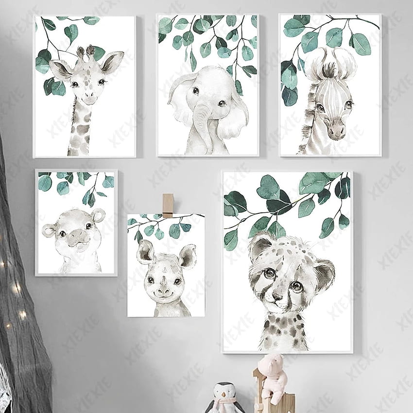 Folha verde fresca animal pôster bonito elefante girafa pintura em tela nórdica impressão artesanato para decoração de casa. Pintura e caligrafia, arte de elefante fofo Papel de parede de celular HD