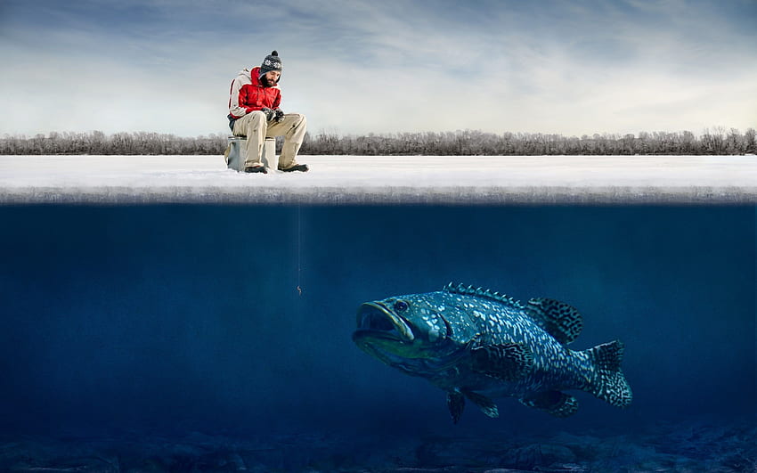 хумор риболов риба лед зимен рибар, забавен под вода HD тапет