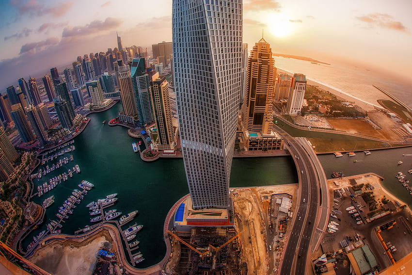Градове, Зората, Град, Изглед отгоре, Дубай, Небостъргачи, Обединени арабски емирства HD тапет